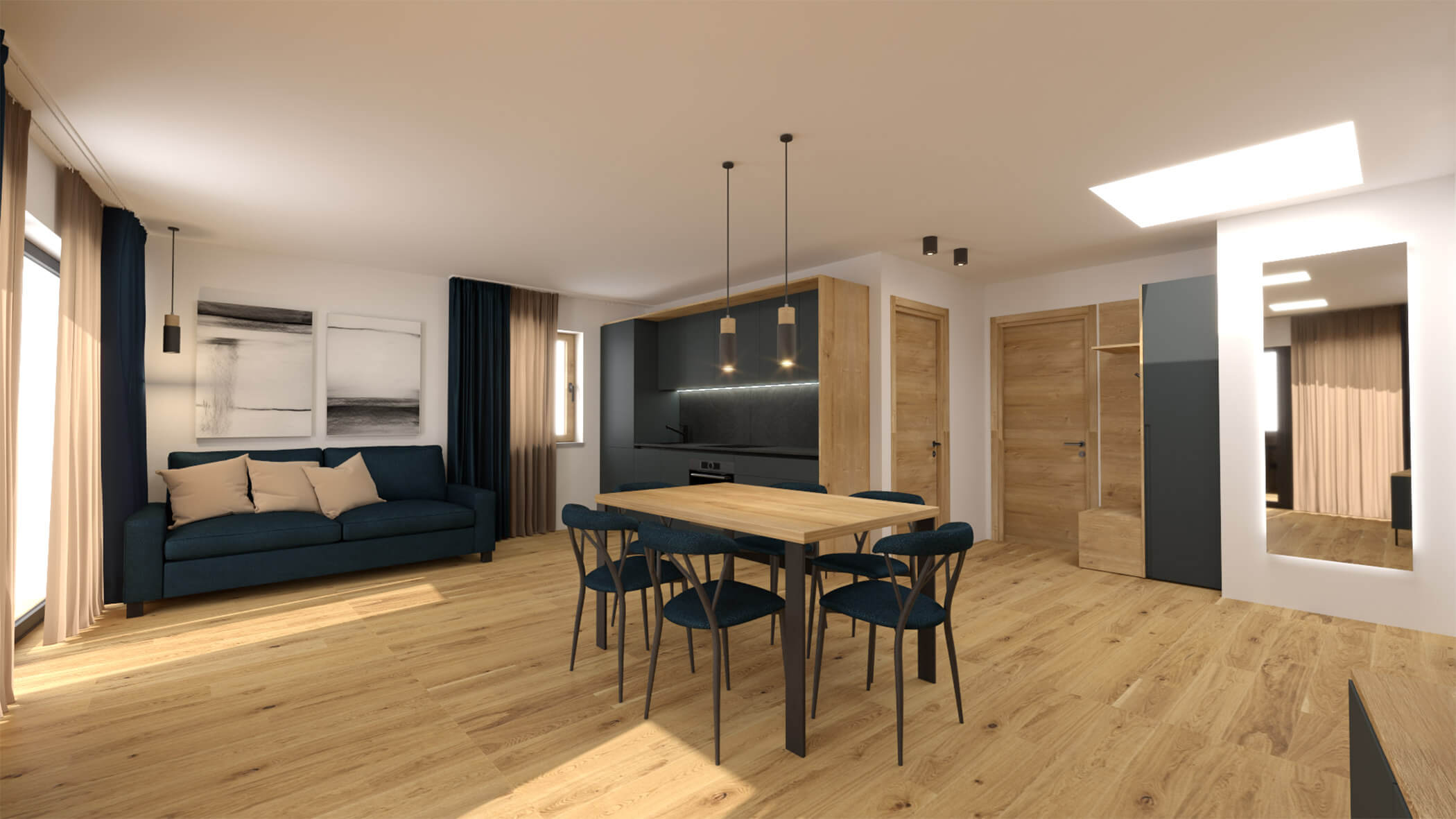 Wohnbereich im Apartment 7 mit einem Holztisch und Stühlen in der Mitte des Raumes, im Hintergrund ist ein dunkles Sofa mit hellen Kissen drauf, daneben eine dunkle Kochnische - sil132 apartments